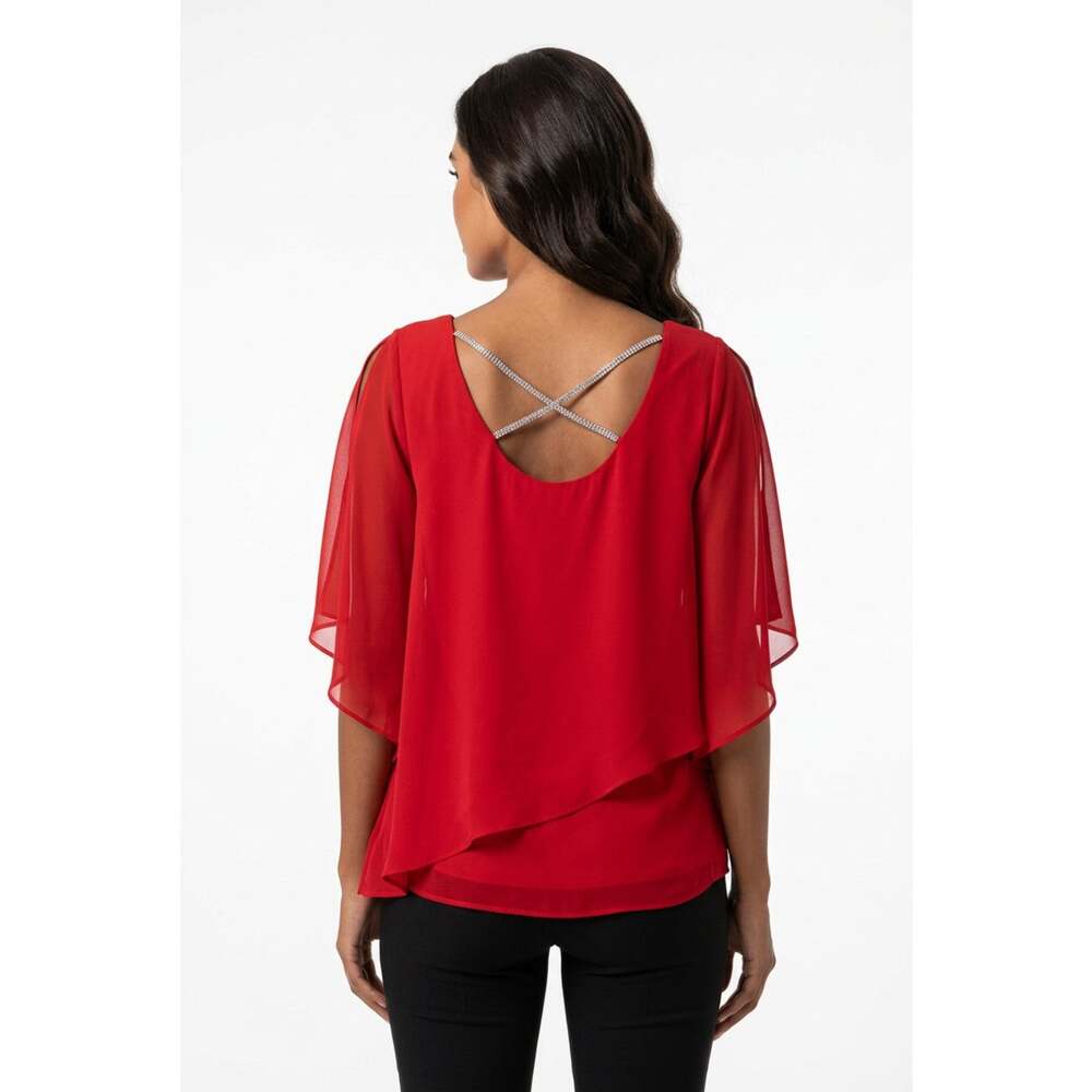 MSK Rhinestone Trim Ruffle Sleeve Top - Red - Size Small - Picture 2 of 9